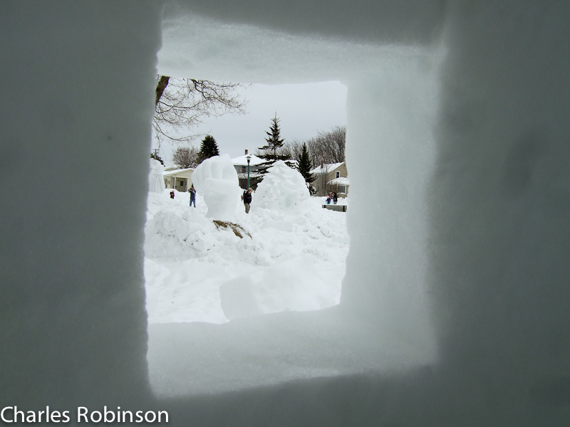 February 12, 2011@13:02<br/>Looking outside from a snow sculpture in Ely, MN.