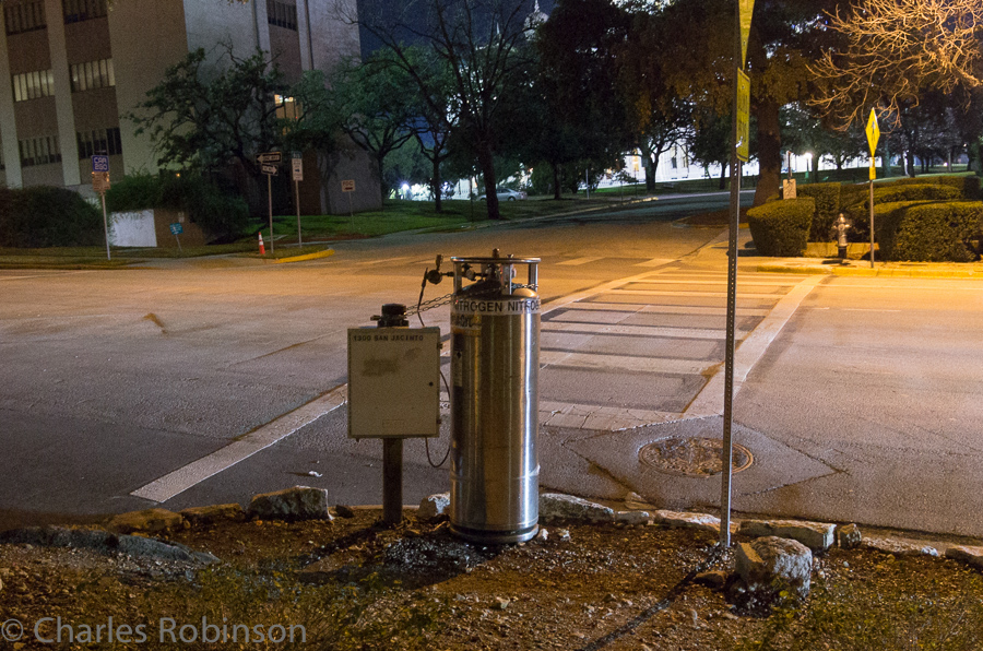Walking back to the hotel - a tank of nitrogen on the corner of 1300 San Jacinto ... why?<br />February 08, 2013@23:47