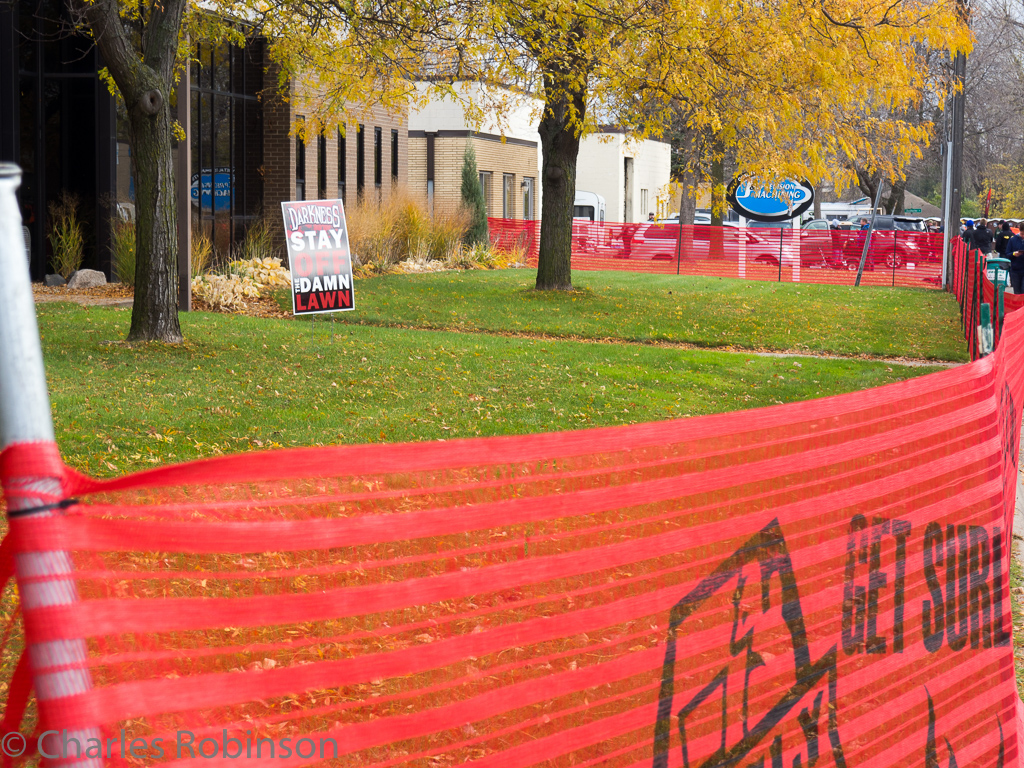 Last year's sign on the lawn wasn't effective enough, but the snow fencing did the trick and kept people off this year!<br />October 24, 2015@11:44