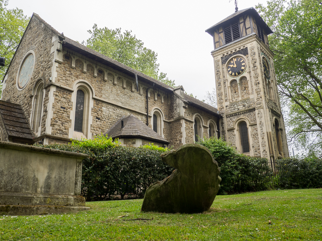 St. Pancras Old Church (with a who-knows-how-old tombstone in the foreground)<br />May 06, 2017@09:58