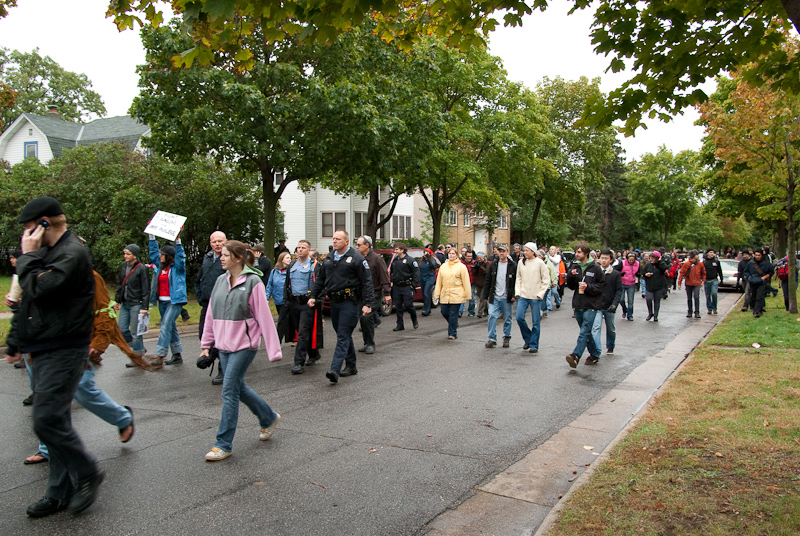 October 03, 2009@10:07<br/>The crowd heads back to the YWCA.  The mood was quite jovial.  Quite a few people showed up after this, expecting to see a rally/counter-rally... but it was all over already.