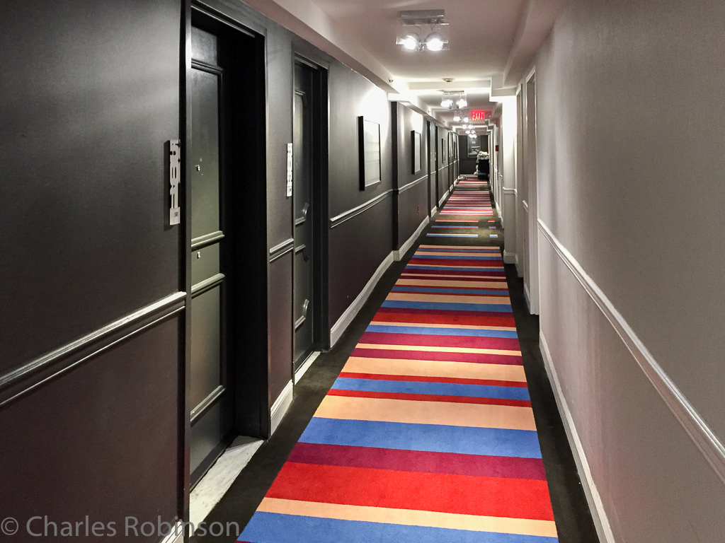 Hotel hallway.  Black on the left, white on the right..<br />October 14, 2016@12:18