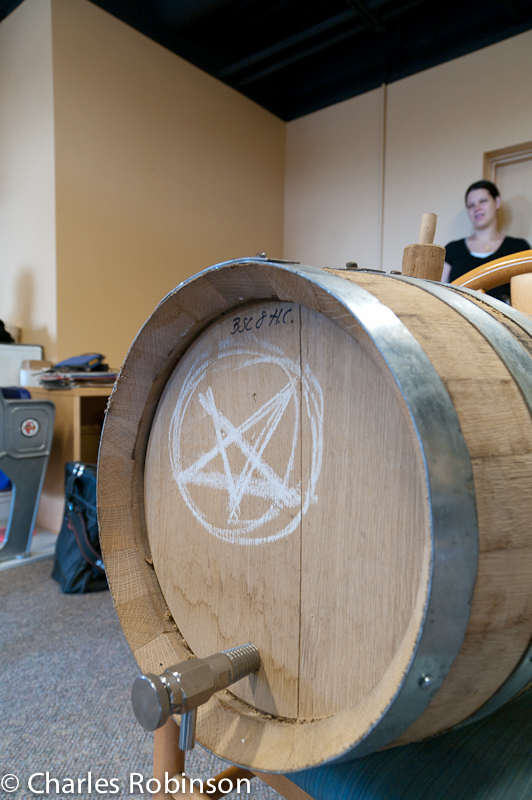 In the office, poised for future uses (sadly, not today) - a cask of Pentagram.  Must.  Not.  Touch....<br />June 18, 2011@12:49