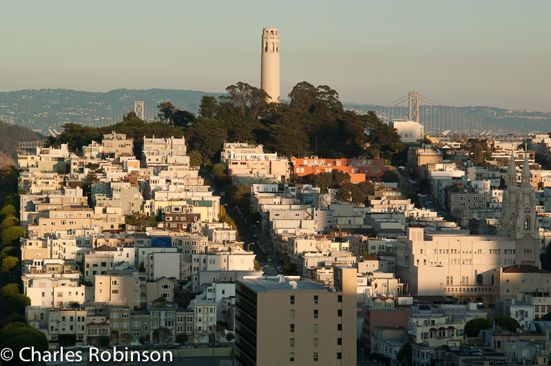 Coit Tower as viewed from Lombard Street.<br />November 08, 2011@19:27