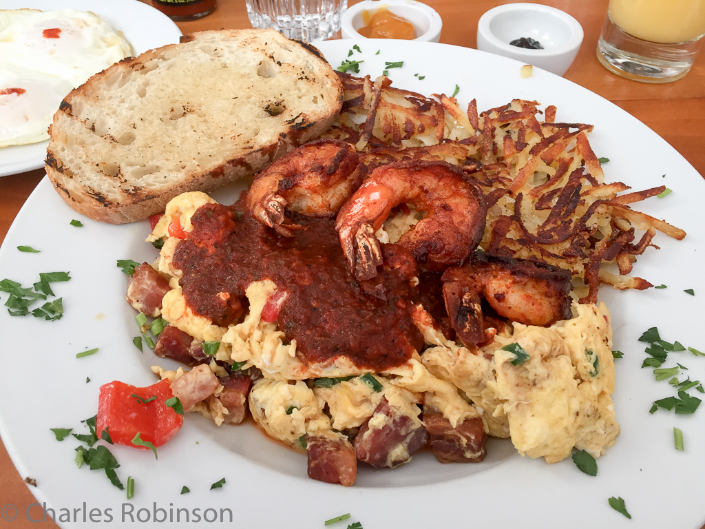 First breakfast in SD - Harbor Breakfast!  This doesn't look as huge as it was - I could barely eat anything else the rest of the day.  The shrimp were out of this world.<br />December 15, 2015@10:15