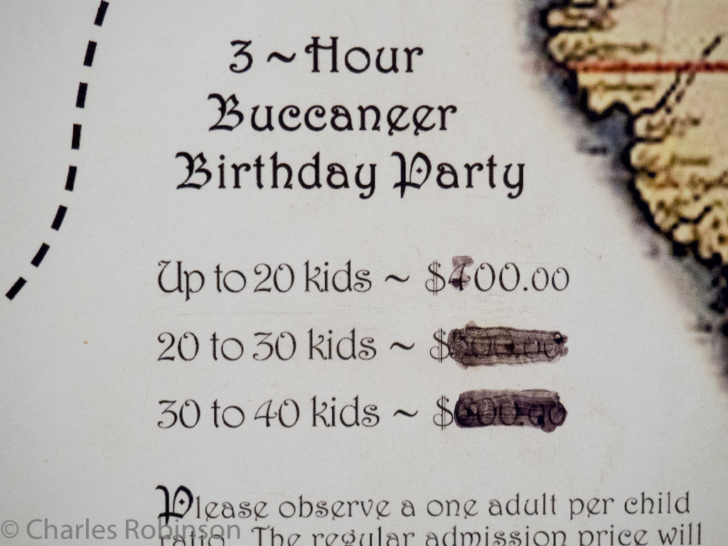 Aboard the Star of India, there is a section below deck which is geared for kiddie parties.  I love how the options for more than 20 kids have been changed from a dollar value to 