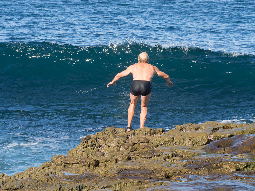 As we were watching the waves crash over the rocks, this guy calmly walked down to the edge, put on a pair of flippers, waited for the right moment....<br />December 16, 2015@10:52
