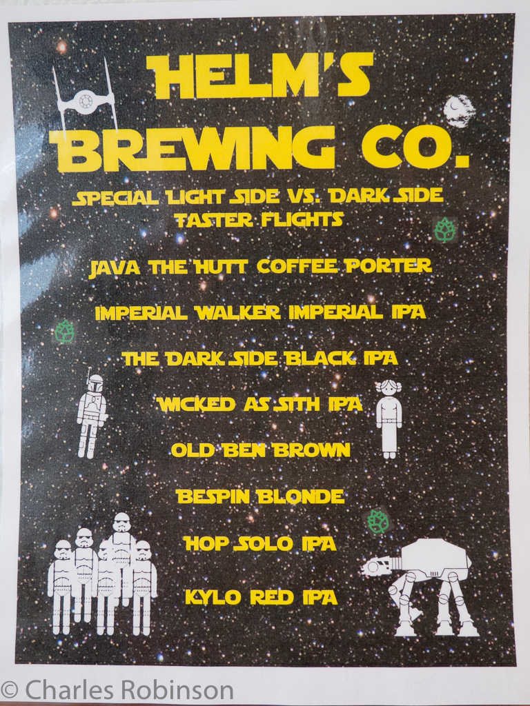 We stopped at Helm's Brewing and they were having a Star Wars viewing party.  All of their beers had been given themed names.<br />December 19, 2015@14:26