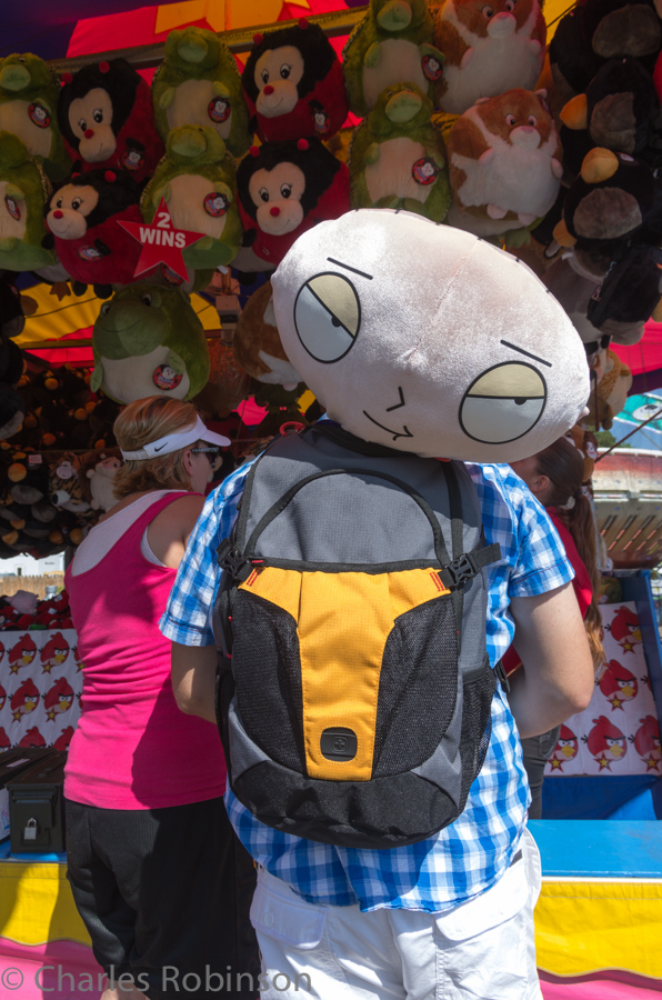 The big Stewie head sticking out of this guy's backpack was disconcerting.<br />August 31, 2013@11:40