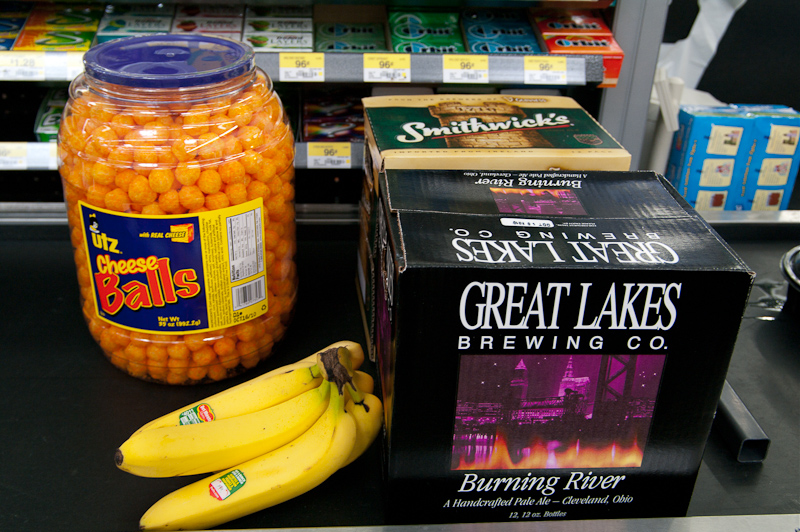 August 04, 2010@13:09<br/>Beer, cheese balls, and bananas.  That's a balanced shopping list!