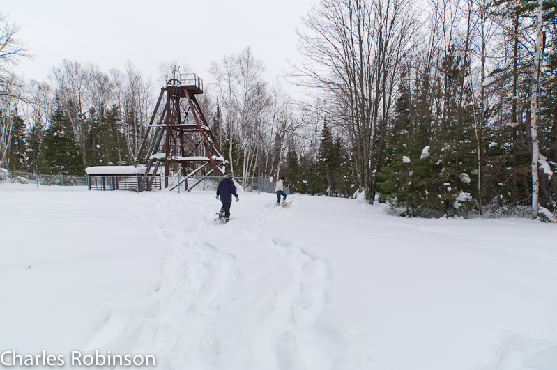 February 13, 2011@11:05<br/>Melissa and Pam strike out for the trail at the old Soudan Mine.