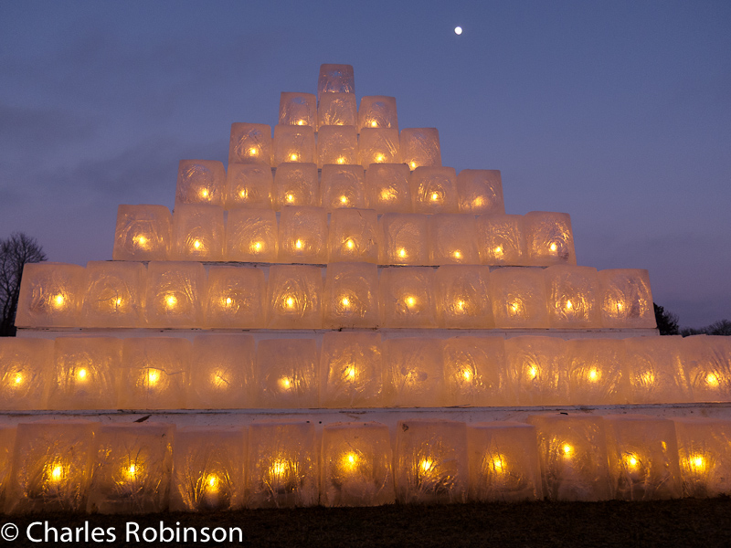 Luminary pyramid which was close to the beer garden - with moonrise!<br />February 04, 2012@17:35