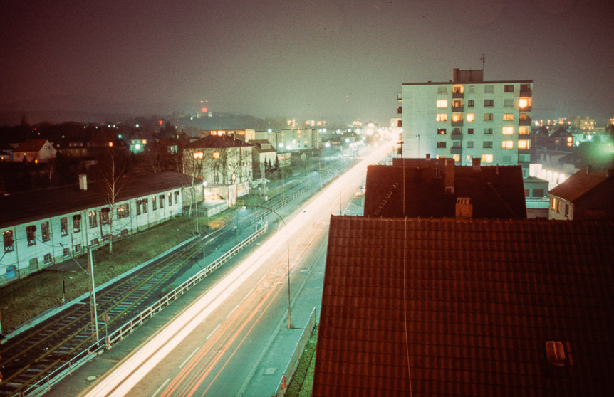 The view uphill from our dorm room at night