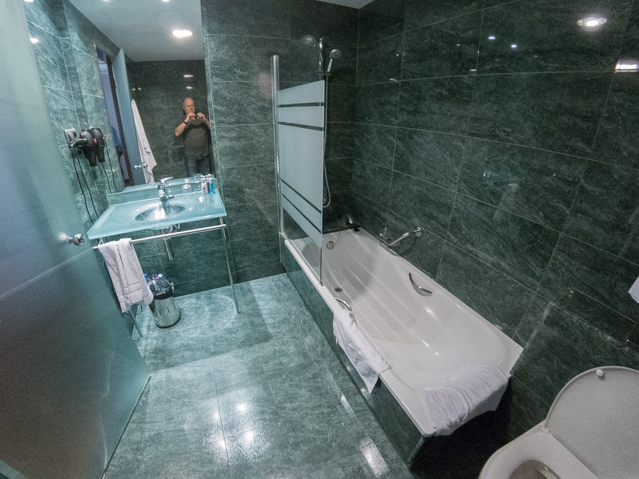 The bathroom was very green.  I dunno about a glass sink and frosted glass door, though.