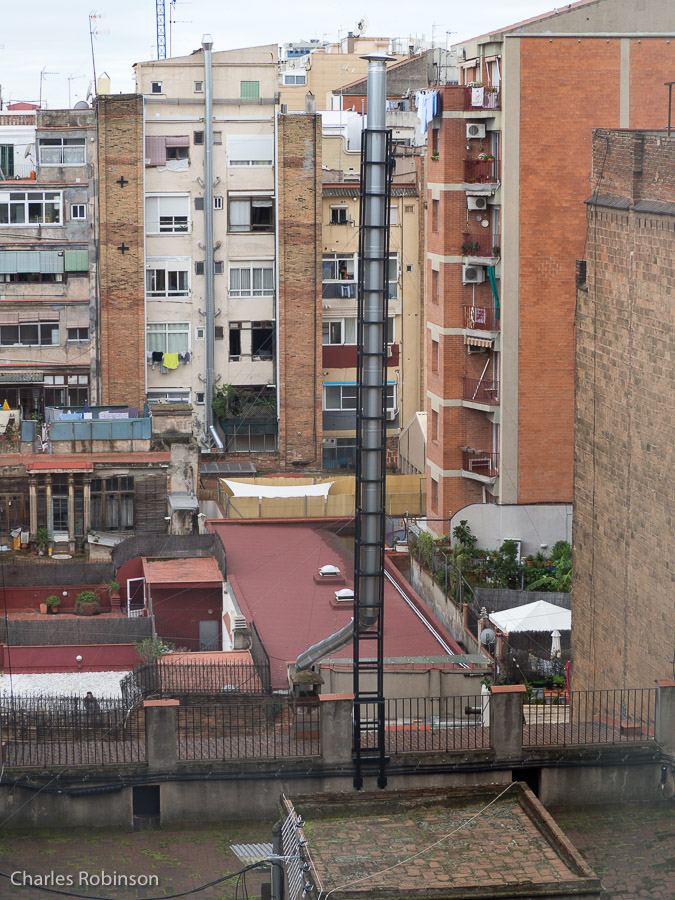 An oddly-propped-up chimney across from our room