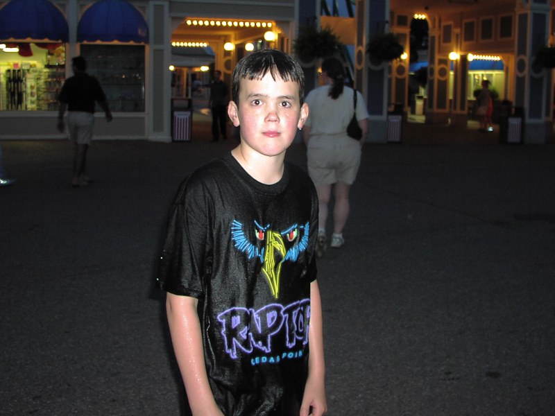 June 19, 2002@21:16<br/>Only Casey would finish off the end of a cooling-down day by getting soaking wet on a water ride at 9pm...