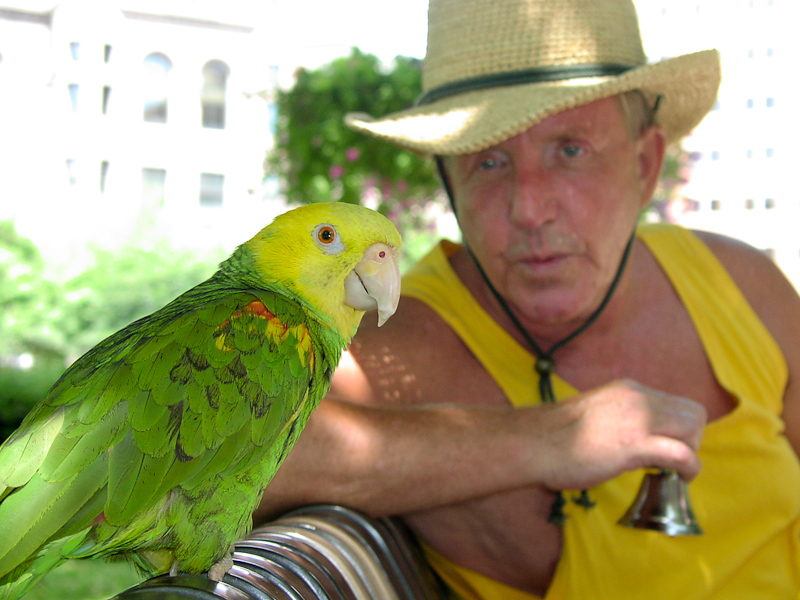 July 09, 2002@13:40<br/>At Rice Park in St. Paul - this man and his bird were just hanging out.