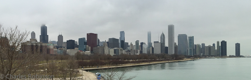 Chicago skyline as seen from the Shedd Aquarium.  Good thing we hit the Willis Tower the day before!  It was encircled by clouds for the entire weekend.<br />December 12, 2014@13:56