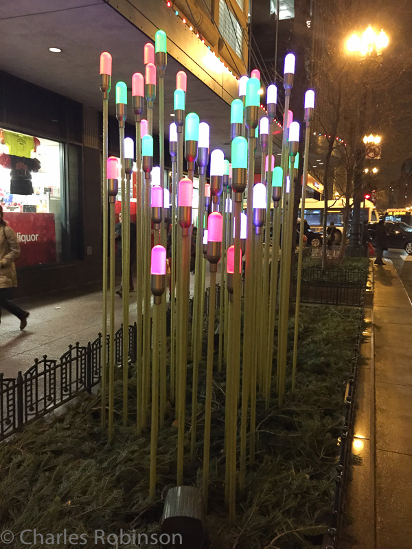 Odd Christmas-light decorations that just look like oversized LEDs.  The colors cycled along with music that was blaring out speakers nearby.<br />December 12, 2014@18:01