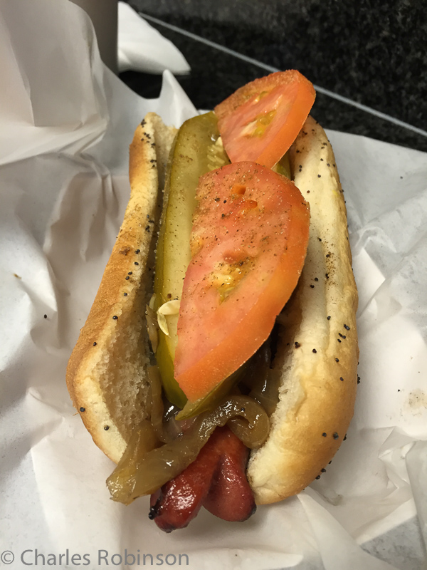 The Wiener's Circle Dog.  Delicious.  Maybe I shoulda gotten a couple.  We had a good time shooting the shit with the two people behind the counter.  The language was a bit coarse, but I think that's required here.  It was everything I hoped it would be.<br />December 12, 2014@20:58