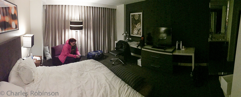 Packed and ready to roll.  Figured I would take a shot of our swell $60/night room!  This is the first time I've had an HD set in the room which was actually being fed an HD signal.<br />December 14, 2014@05:20