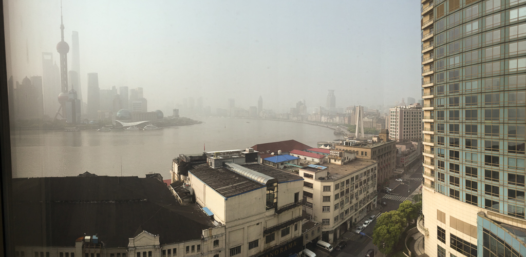 The view from the hotel room in the morning.  In contrast to our $29/night hotel in Kunming, this room is closer to $300/night (list).  Quite nice.  The air quality, on the other hand, cannot compare to the crystal-clear air of Yunnan Province!<br />May 04, 2015@07:33