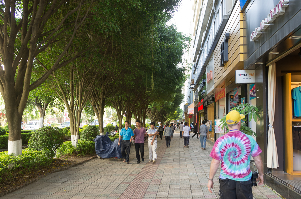 Walking back from Sun Square to our hotel.  There is a sidewalk, then a barrier of green, then the scooter path, another barrier, then the road for cars (and scooters).<br />April 30, 2015@17:31