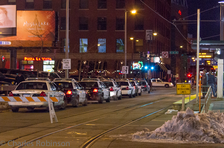 Police lined up and ready to clear out the warehouse district after closing time.<br />April 14, 2013@01:06