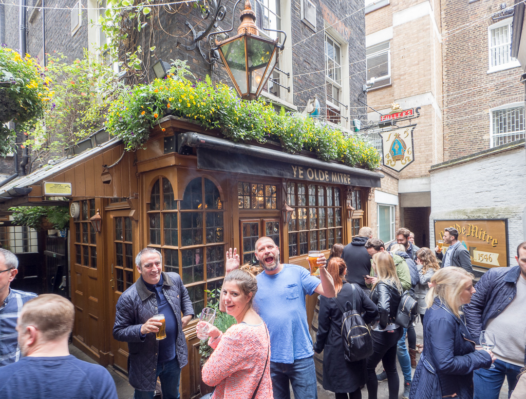 OUTside Ye Olde Mitre - with a man mugging for the camera. :-)<br />May 12, 2017@14:07