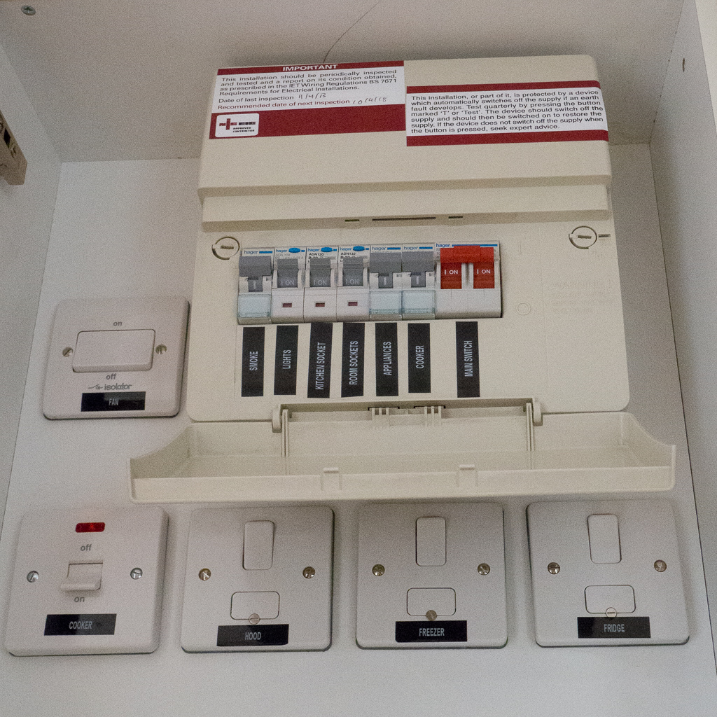 The electrical systems in the UK border on paranoid.  Ground-fault circuit-breakers for each circuit, followed by a separate external switch for each circuit....<br />May 13, 2017@08:05