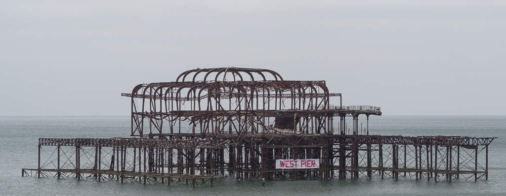Old West Pier in Brighton.  Apparently the banner along the bottom had JUST been added by someone who wanted everyone to not forget the old pier.  I was informed that it was going to be removed within the next few days.<br />May 08, 2017@13:13