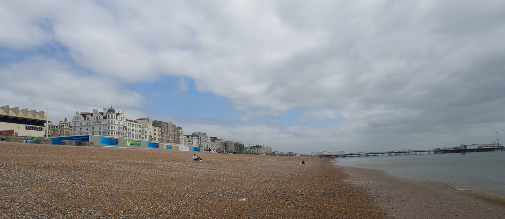 The brown-rock beaches of Brighton ({Palace Pier in the distance)<br />May 08, 2017@13:18