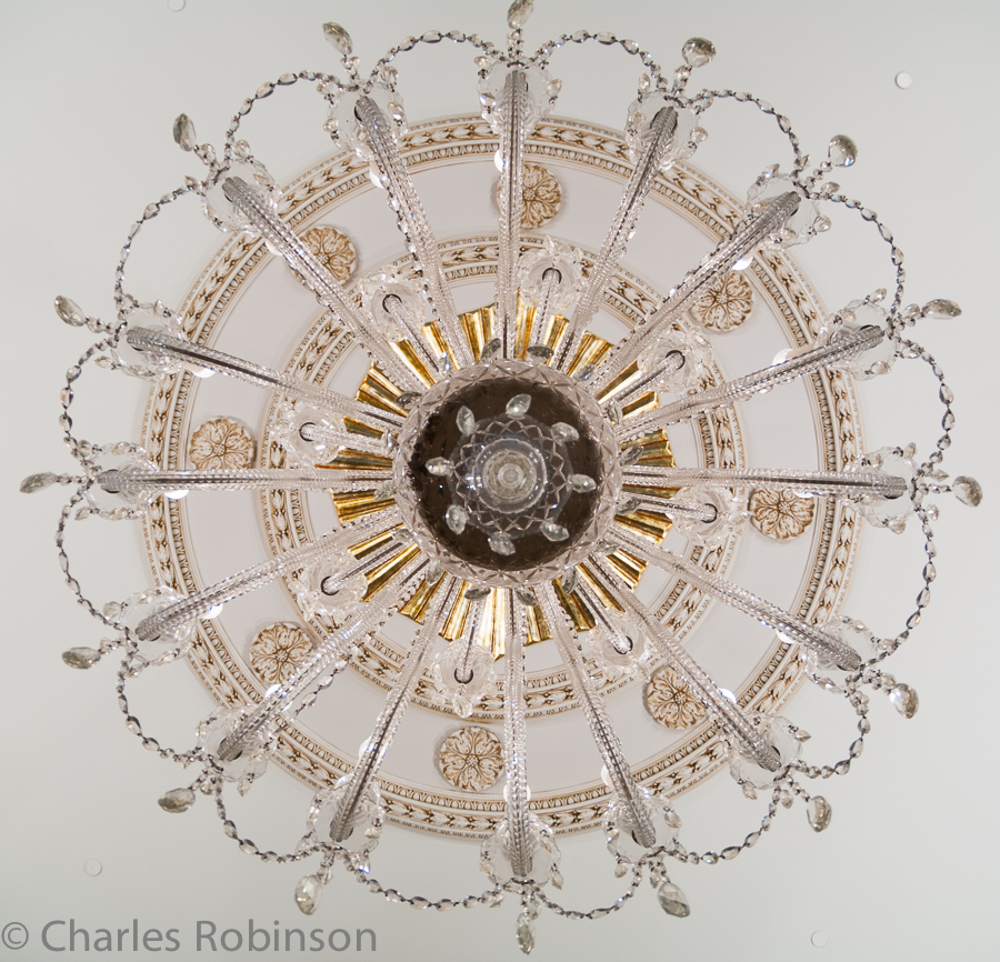 Straight-up view of a chandelier in the lobby.<br />December 17, 2011@11:58