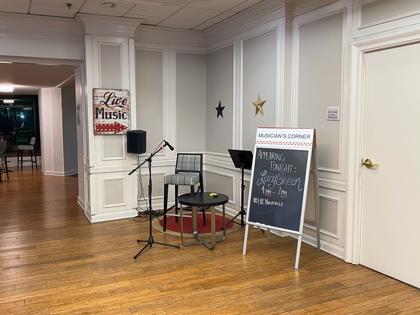 Every night in the lobby next to the elevators: LIVE MUSIC.  This could be Lacy's big break, folks!