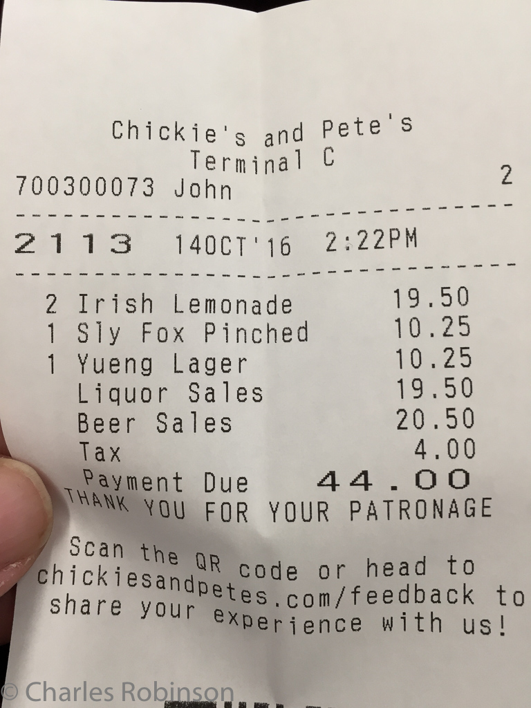 Airport booze is always... spendy.  Yow!  20-oz beers for $10.25.<br />October 14, 2016@14:53