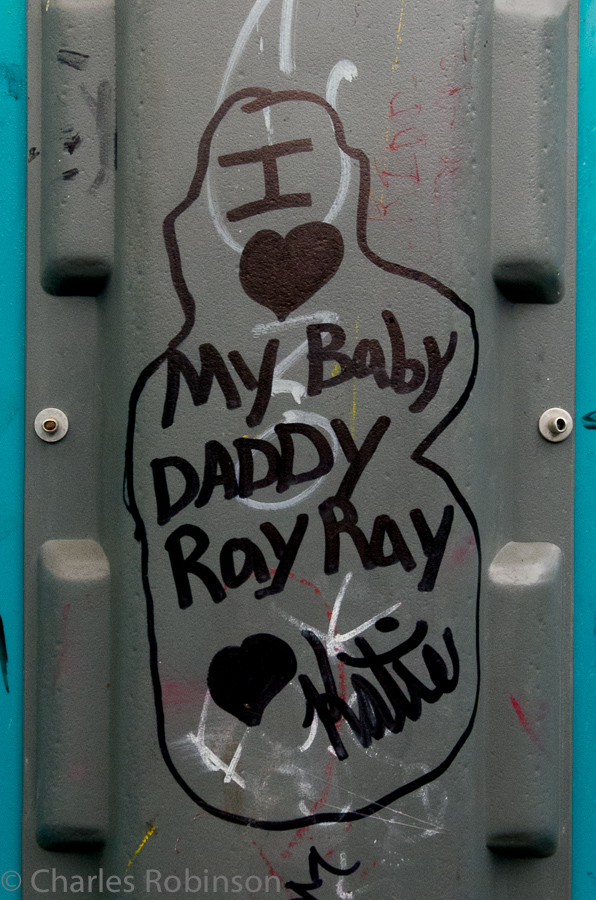 Lovely artwork inside a porta-potty along the river.  This was a good drug-taking shelter for the homeless camp nearby, judging by the artwork and extra folding chair set up inside!<br />October 03, 2013@12:48