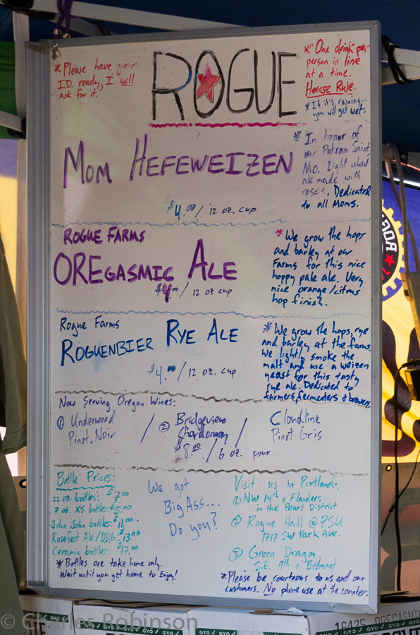 The beers available at the Rogue tent for Saturday Market.  The OREgasmic Ale was really really tasty.<br />October 05, 2013@13:50