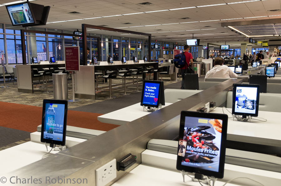 We arrived at Terminal G in MSP and I was amused by the copius placements of iPads throughout the entire terminal.  Everywhere you looked was an iPad just sitting there waiting for someone to come up and use it.  Bizarre.<br />October 06, 2013@18:32