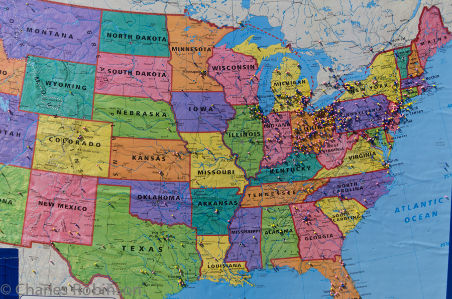 Towns-of-origin being pinned on the map.  The Dakotas seem to be sorely underrepresented!<br />August 03, 2013@15:55