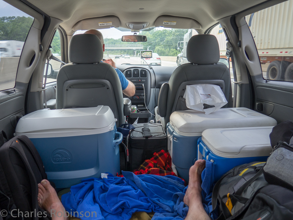 This was my view for the first few hours of the drive home.  Mattress, blanket, comfy pillows.  The only way to road trip!<br />August 09, 2015@18:34