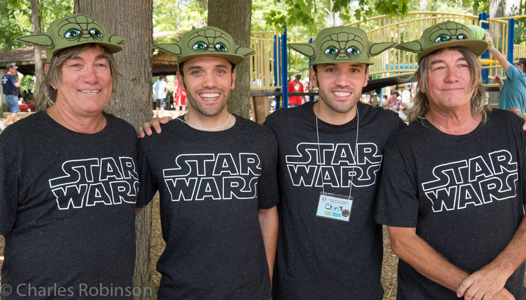 Nate and Chris, in the middle, showed up without matching clothes and quickly realized they needed to get some identical clothing - so they went to Walmart and got TShirts with Yoda hats.  Then they show up at the festival and these guys who have been coming since forever (names forgotten) had exactly the same outfits!  Excellent.<br />August 06, 2016@12:56
