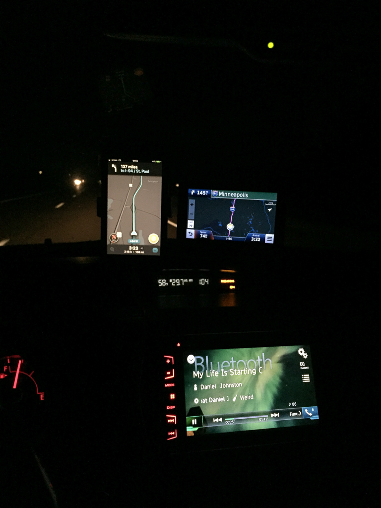 My dashboard view, 1:04am.  Interestingly, the location on this photo shows I'm just inside the ROBINSON Creek Pines State Natural Area (in Wisconsin). Two hours twenty minutes to go.<br />August 07, 2017@01:04