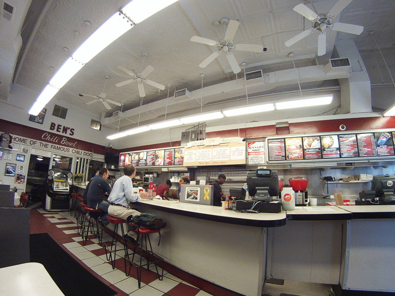 Breakfast at Ben's Chili Bowl.  A sign behind the counter states that the only people who eat free here are: Ben Cosby, and the President (and family). We were happy to pay, thank you, for our half-smokes!<br />September 24, 2014@12:12