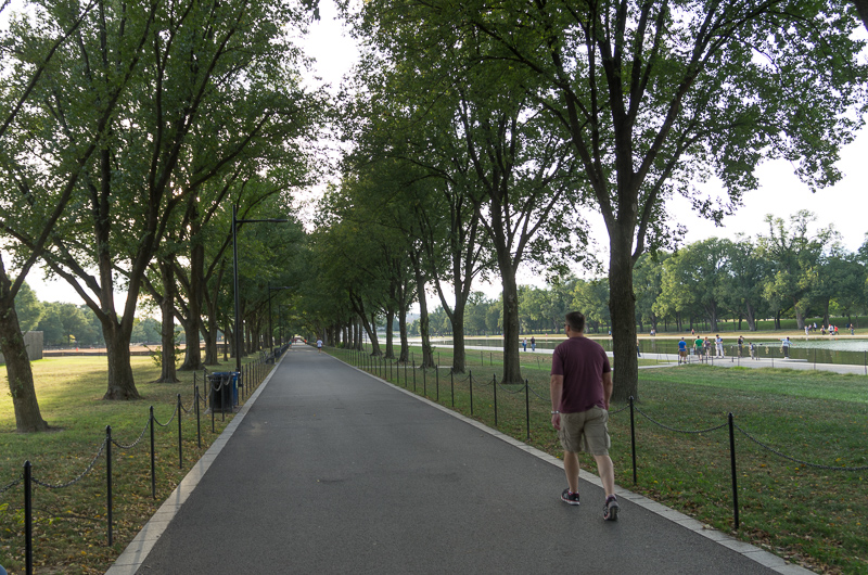 Walking up along the Reflecting Pool, headed towards the Korean War Memorial.  Day One was the only day in which we walked this route, after that it was all bicycles, baby!<br />September 22, 2014@18:05